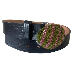 VINTAGE Paige Roberts Rhinestone Belt Buckle French Craft Leather Black